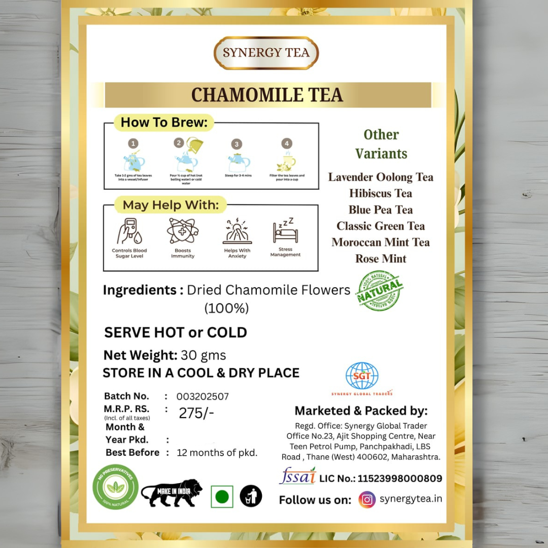 Back label of Synergy Tea Chamomile Tea pouch — brewing instructions and ingredients