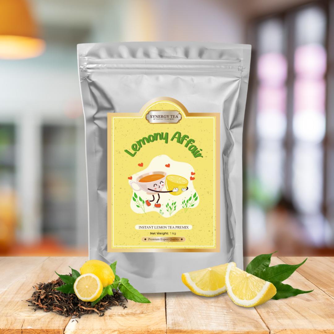 Synergy Tea Lemony Affair 1 kg tea premix pouch — large yellow resealable pack with lemon-mint design