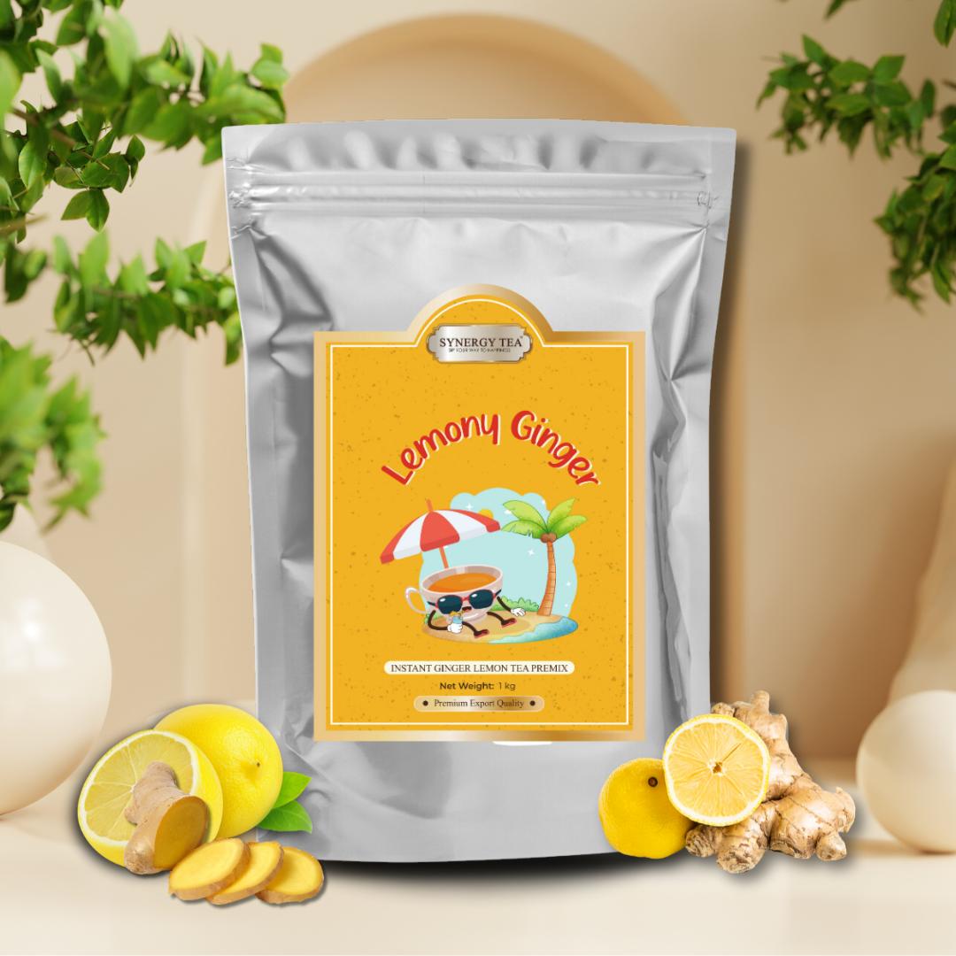 Synergy Tea Lemony Ginger 1 kg instant tea premix pouch — large carton with lemon and ginger artwork