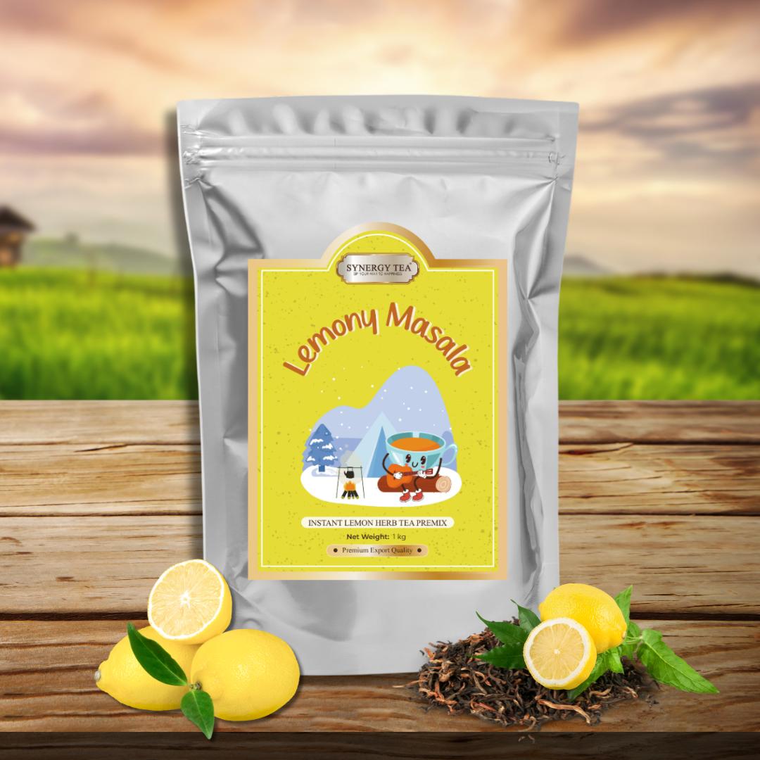 Synergy Tea Lemony Masala 1 kg instant tea premix pouch — bright lemon & spice design