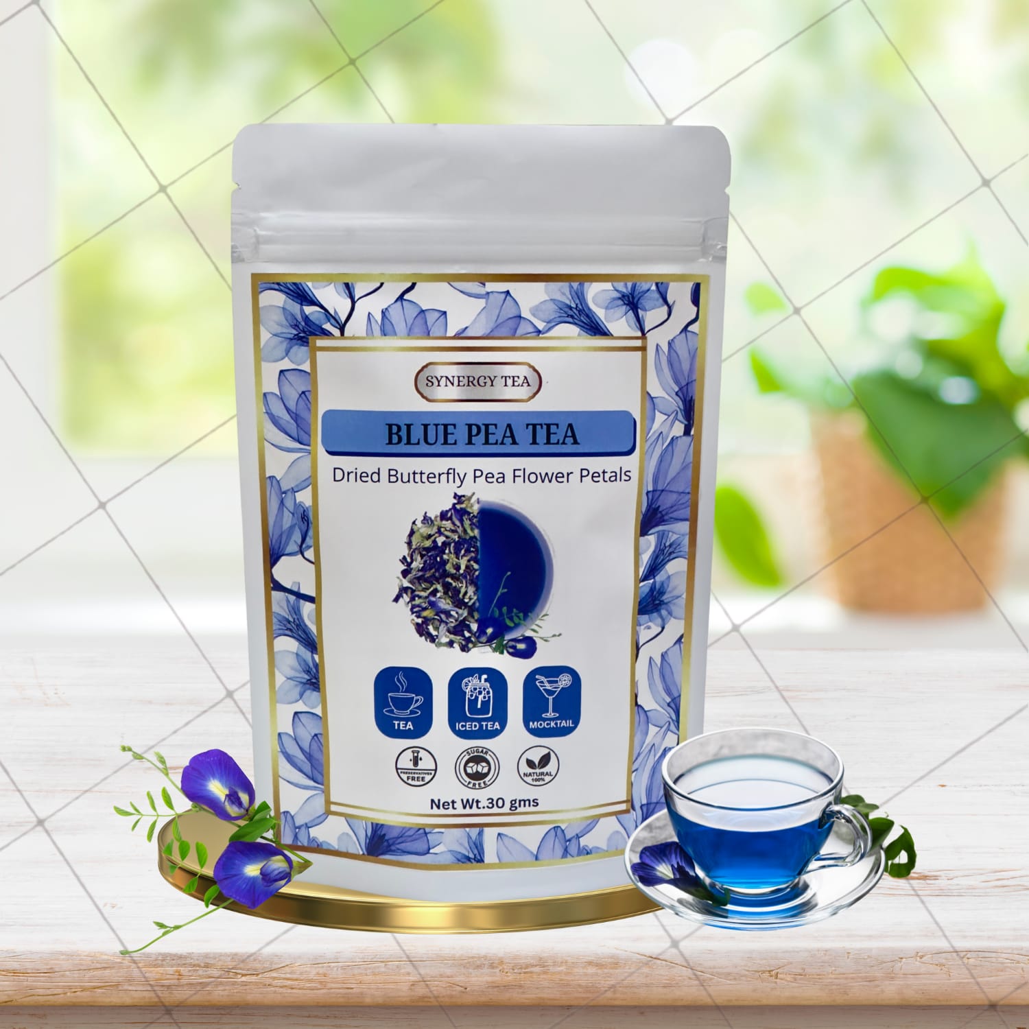 Synergy Tea Soothing Blue Pea Tea pouch — resealable bag with blue-pea flower design