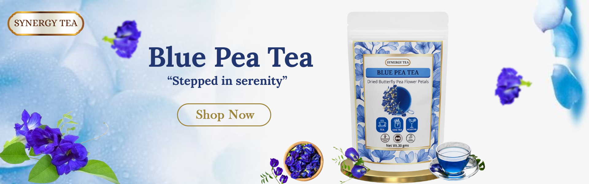 synergy teas blue pea tea with dried blue pea flowers