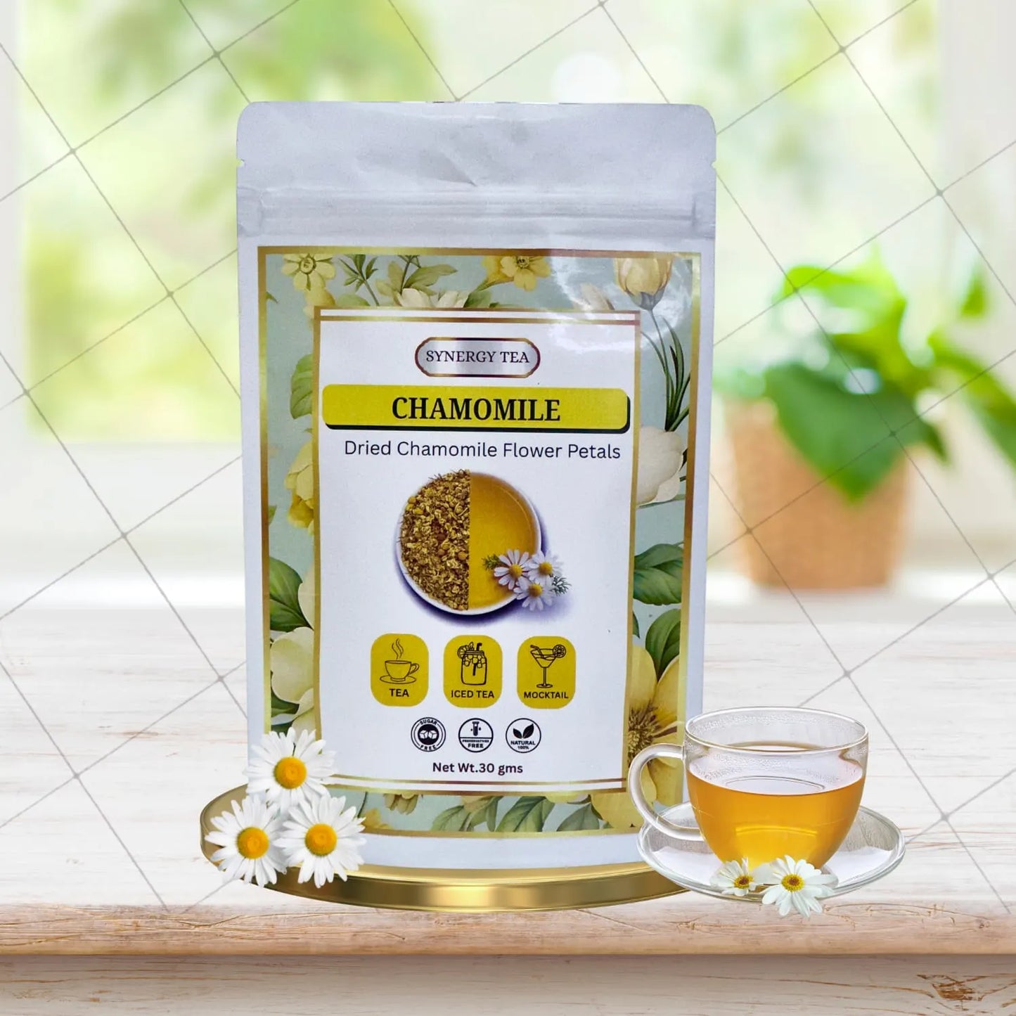 Synergy Tea Calming Chamomile Tea pouch — white resealable packet with chamomile-flower design