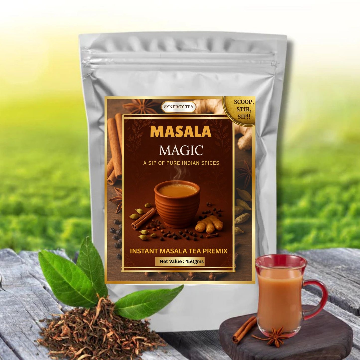 Synergy Tea Masala Magic Instant Tea Premix pouch — bright yellow-orange resealable pack with spice graphics