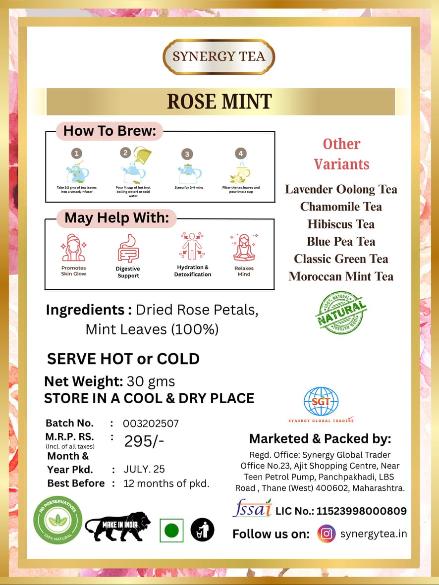 Synergy Tea Rose Mint Tea packaging with decorative roses and mint leaves on table