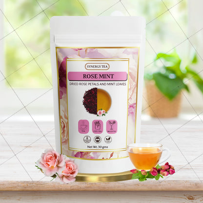 Synergy Tea Rose Mint Tea pouch — white resealable packet with rose petals