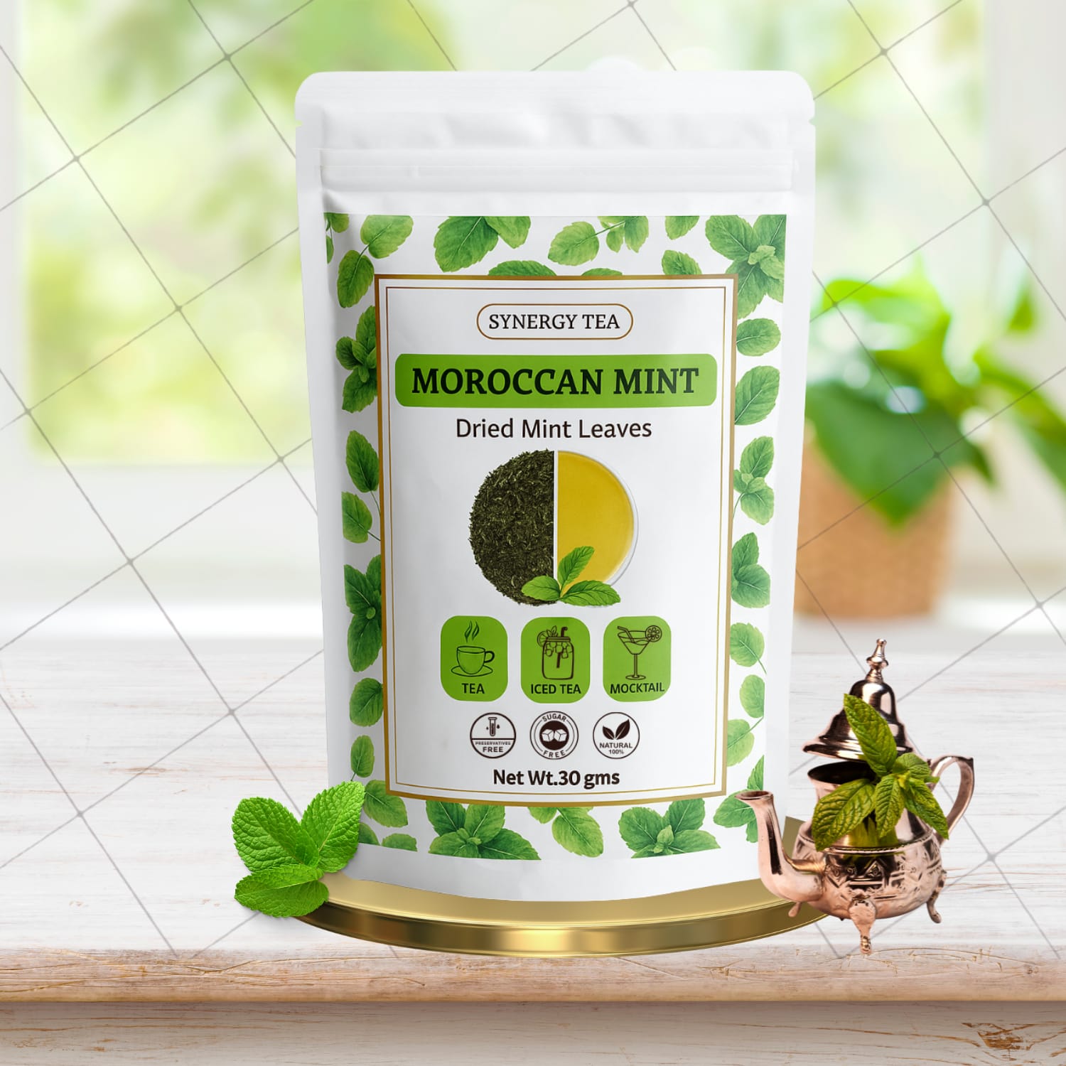 Synergy Tea Mellow Moroccan Mint loose tea pouch — resealable green-mint design