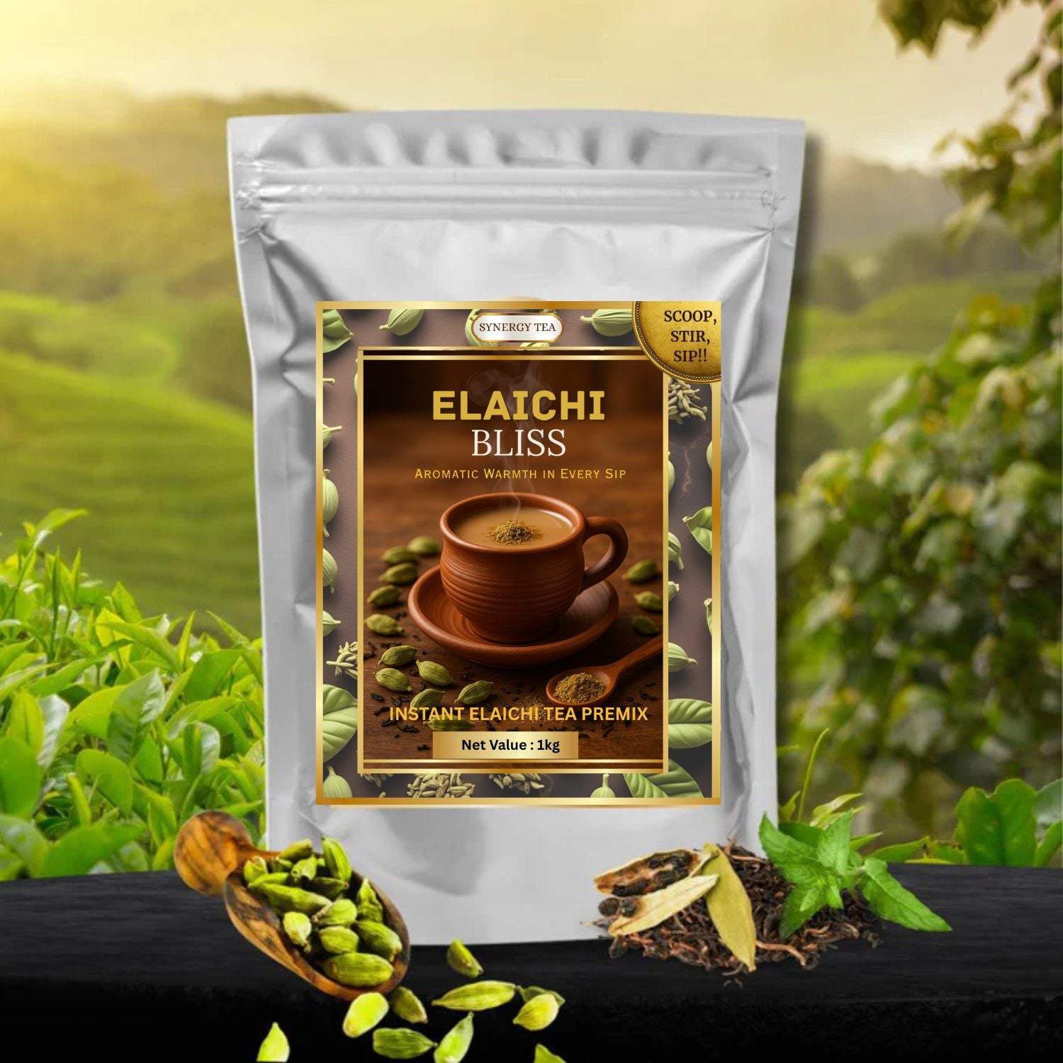 Synergy Tea Elaichi Bliss 1 kg pack — large resealable foil pouch with cardamom design